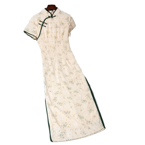 Кружевное ципао, свежее осеннее длинное платье, светлый стиль, подходит для подростков, средней длины