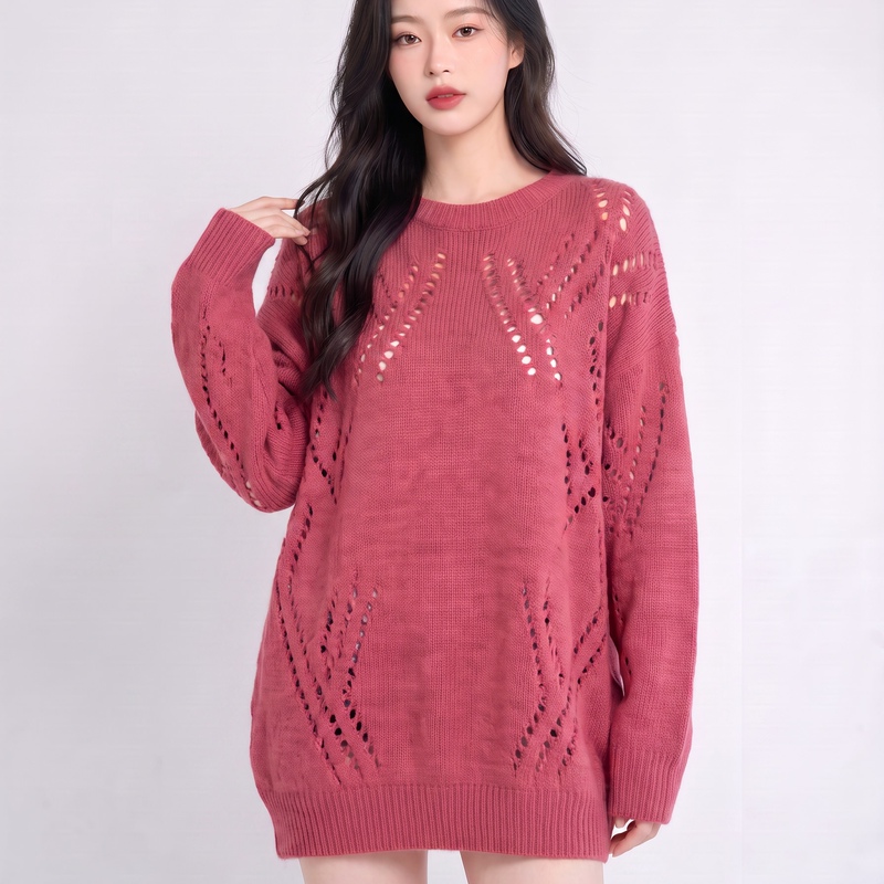 Weixinqing Lazy Old Money Style Hollow-Out Knit Sweater for Women, Autumn and Winter, Loose Fit, Age-Reducing, Casual, Mid-Length Sweater Weixinqing Lazy Old Money Style Hollow-Out Knit Sweater for Women, Autumn and Winter, Loose Fit, Age-Reducing, Casual, Mid-Length Sweater