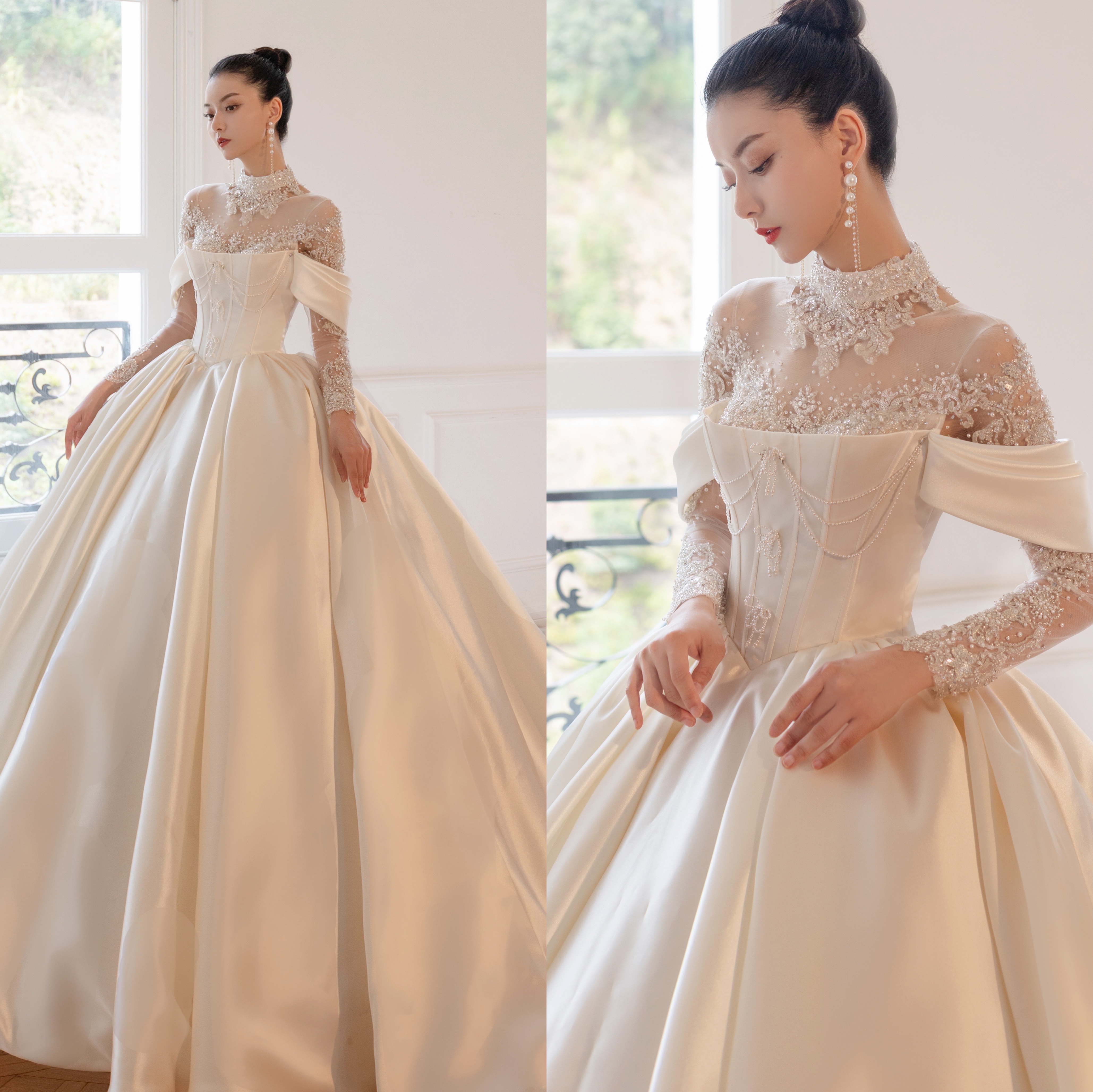 Rental genuine Bella Bride Bella Gao Dingding Wedding Speaking Retro Heavy Heavy Works Saton Long -sleeved Tail Main Rental genuine Bella Bride Bella Gao Dingding Wedding Speaking Retro Heavy Heavy Works Saton Long -sleeved Tail Main