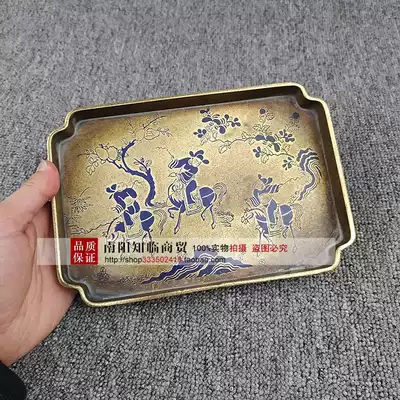 Antique made old pure copper brass plate tea tray seal carving hunting map cloisonne roasted blue antique bronze ornaments