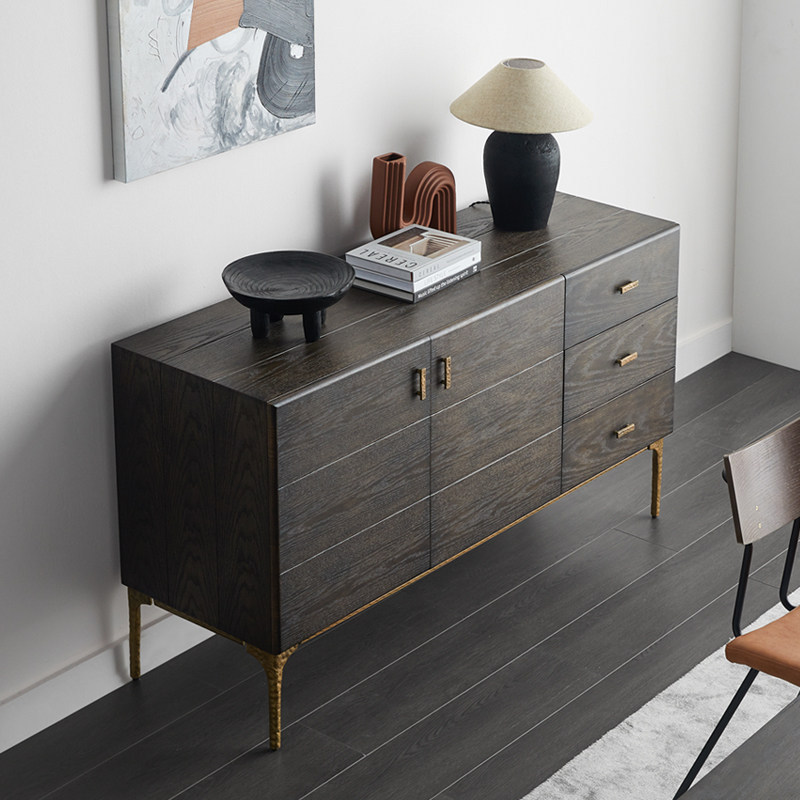 Nordic Smoked Color Solid Wood Sideboard Living Room Storage Cabinet Multifunctional Storage Cabinet Retro Style Metal Leg Side Cabinet