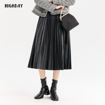 Xuanri 2024 winter shopping mall same style women's skirt new high waist a line pleated skirt temperament leather skirt long skirt