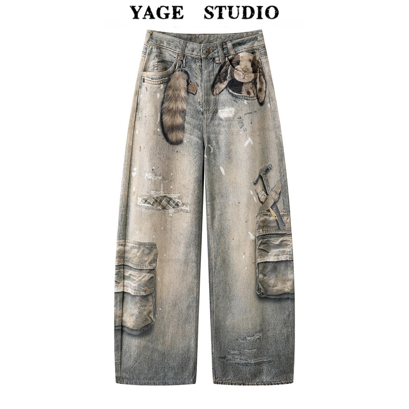 Yagen'T2026 Autumn and Winter Beautiful Girl Raccoon Tail Rabbit Print Workwear Jeans Printed Casual Pants