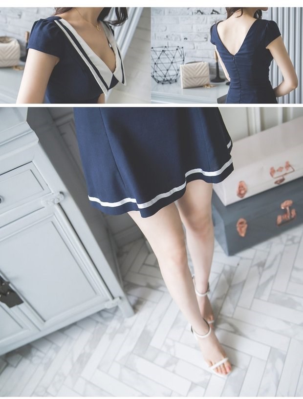 Mùa hè 2018 mới cơ thể nữ giảm béo đồng phục cắt thấp phong cách hải quân gợi cảm gió đại học một từ váy đầm - A-Line Váy váy liền chữ a dáng dài