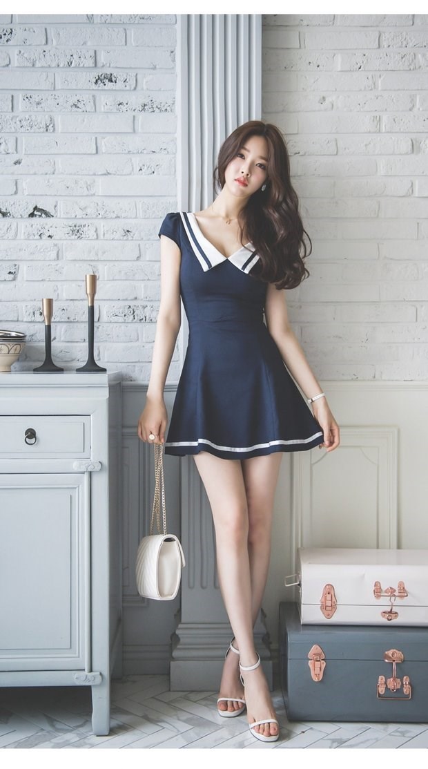 Mùa hè 2018 mới cơ thể nữ giảm béo đồng phục cắt thấp phong cách hải quân gợi cảm gió đại học một từ váy đầm - A-Line Váy váy liền chữ a dáng dài