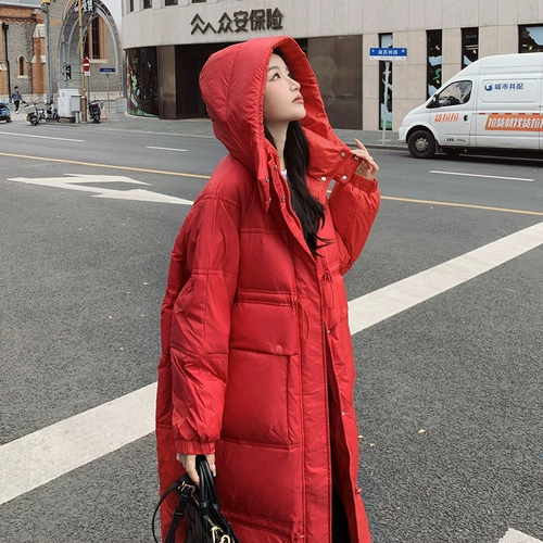 Красный пуховик с капюшоном, бархатная куртка, коллекция 2022, утиный пух