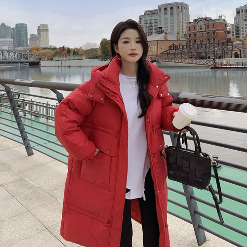 Красный пуховик с капюшоном, бархатная куртка, коллекция 2022, утиный пух