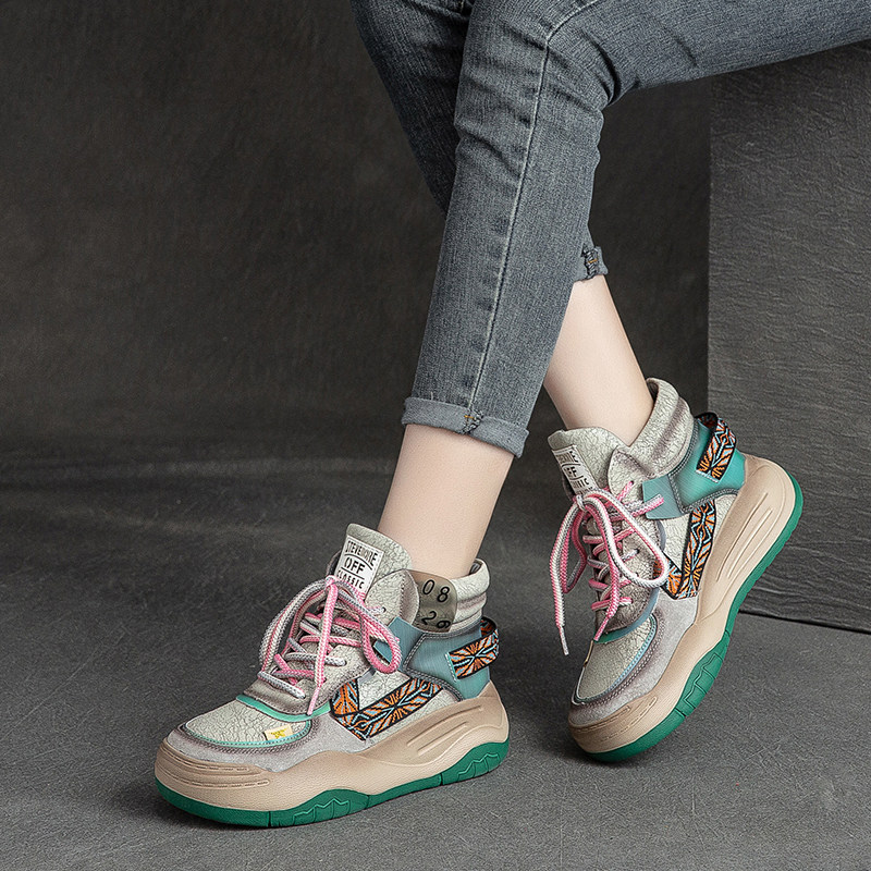 New Autumn and Winter Thick-Soled Comfortable and Versatile Genuine Leather Casual High-Top Women's Shoes Lace-Up Soft-Soled First-Layer Cowhide Short Boots