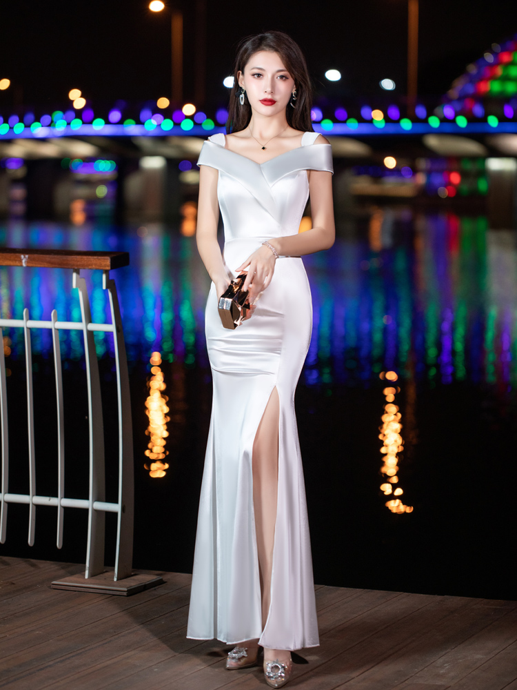Black sexy fitted evening dress, open shoulders, 2022 collection