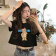 Bear cartoon print top, summer fashion, slim, high waist, navel exposed, versatile short cotton t-shirt for women, loose