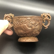 Ancient Playing Antique Collection Antique Dry Lung year Phoenix wine glass Carved Double Crested Cup Home Pendulum Bronzer