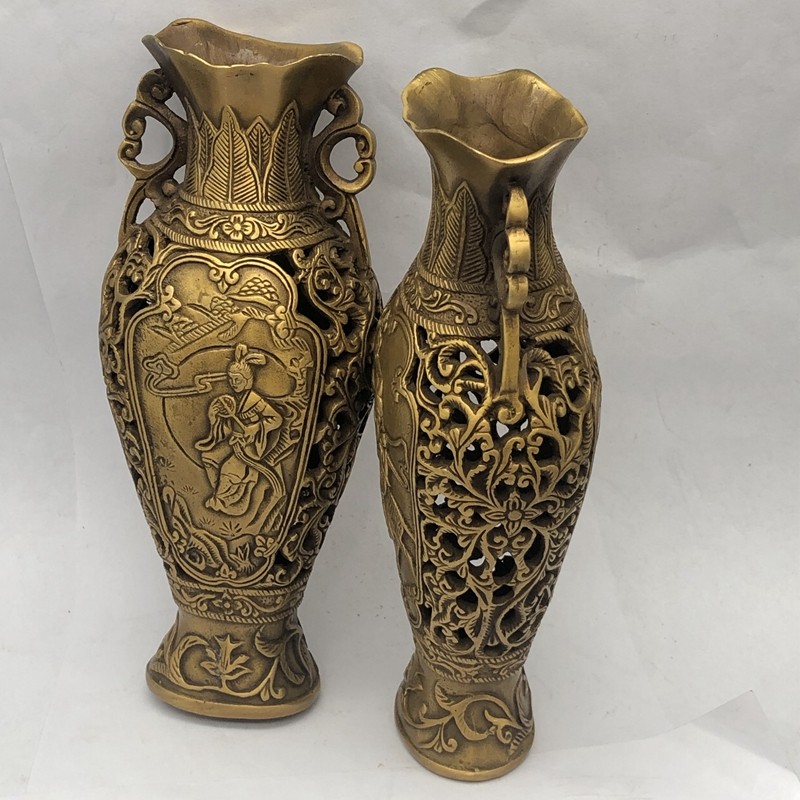Antique Miscellaneous Collection Copper Vase Pair Cutout Maid Vase Home Decoration Bronze Ornaments