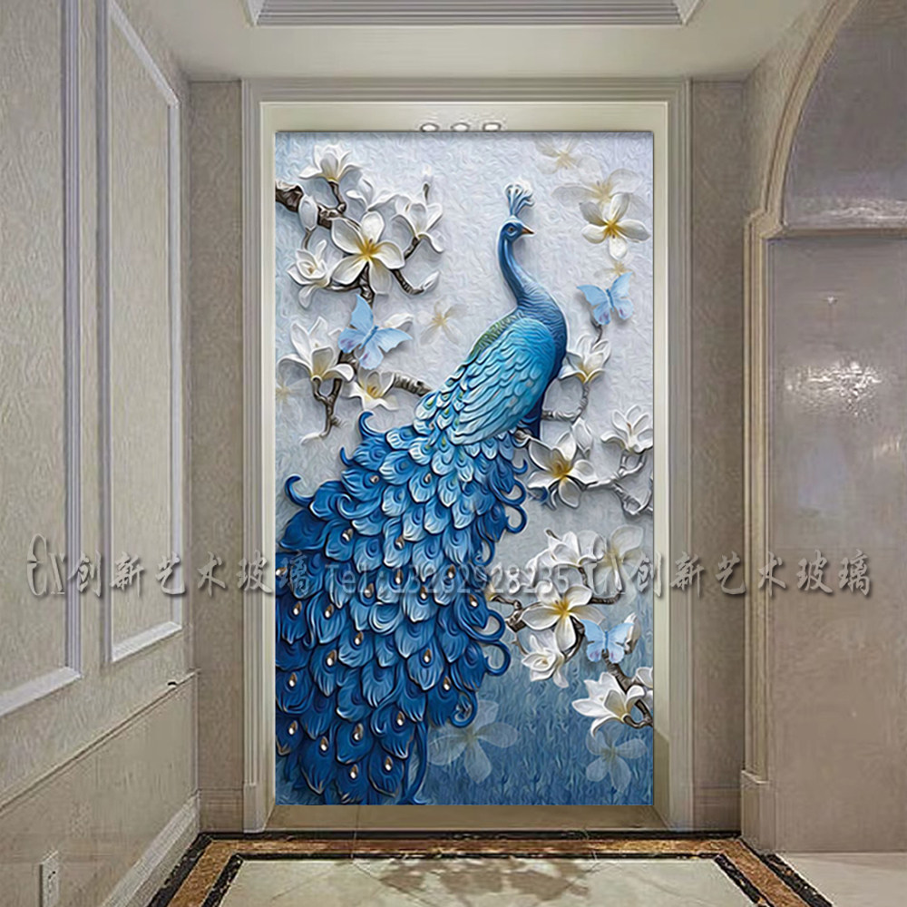 Art Glass Genguan Aisle Background Decoration Chinese Living Room Partition Screen Frosted Relief Process Custom Peacock-Taobao