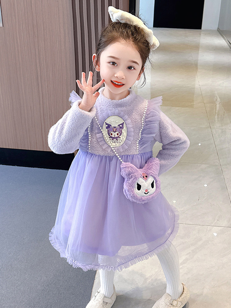 Girls' style princess plus velvet autumn and winter dress baby girl 2024 new mesh skirt thickened winter dress trendy