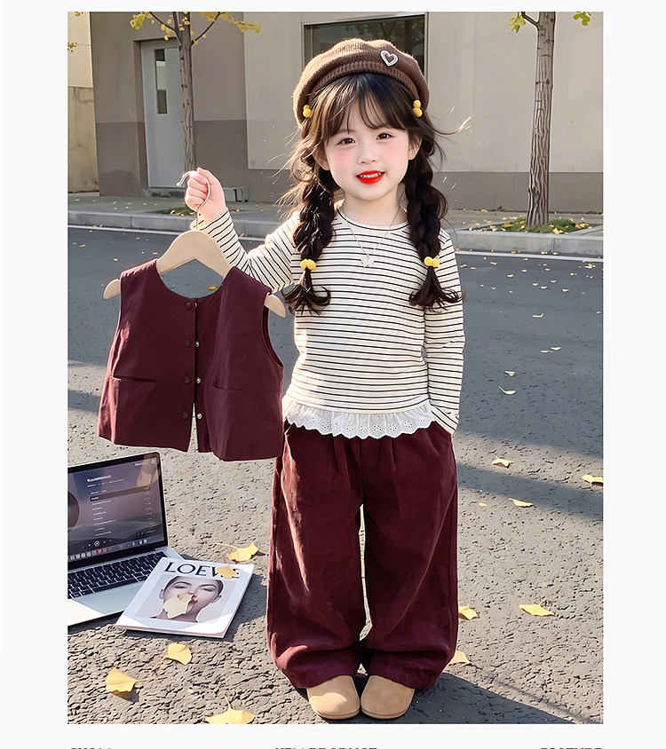 女童洋气宽松春秋季条纹阔腿裤三件套宝宝超好看休闲韩系套装时髦 — 6