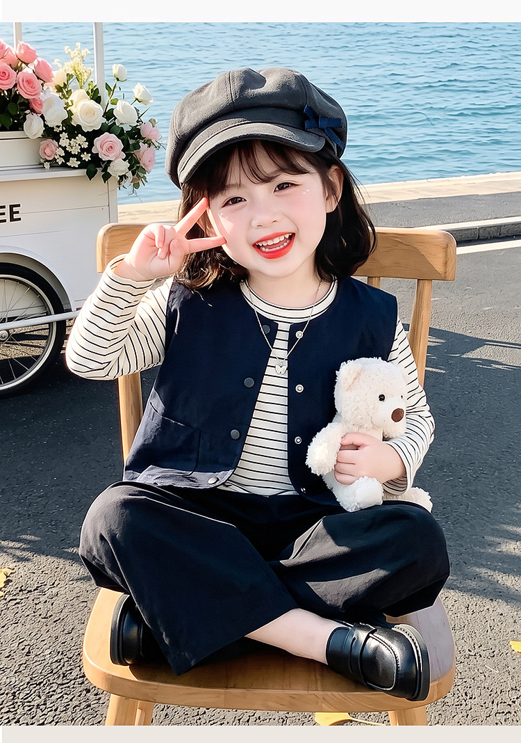 女童洋气宽松春秋季条纹阔腿裤三件套宝宝超好看休闲韩系套装时髦 — 14