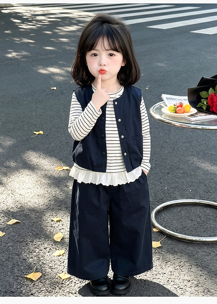 女童洋气宽松春秋季条纹阔腿裤三件套宝宝超好看休闲韩系套装时髦 — 10