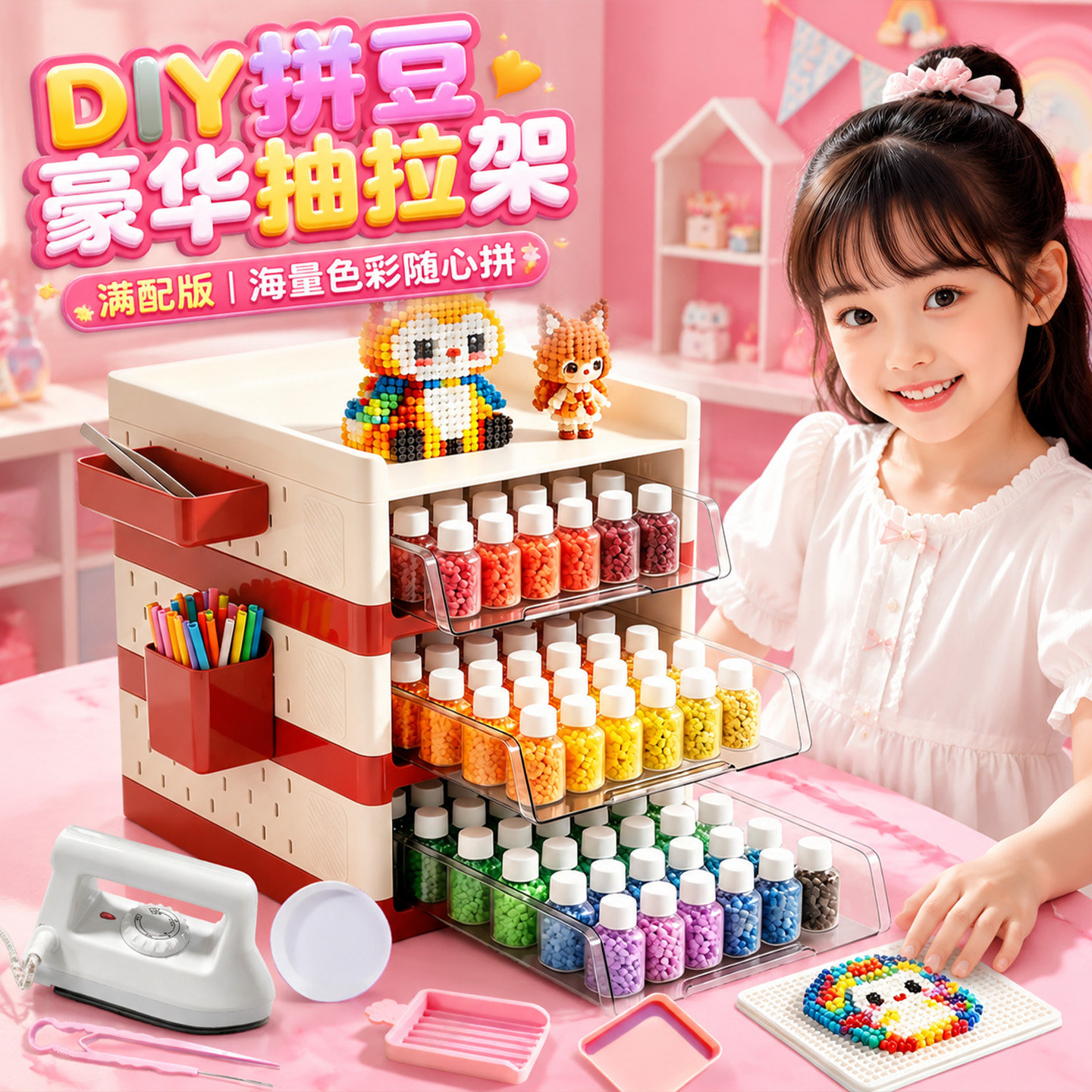 优肯拼豆豆手工diy材料包221色全套立体融合豆笔工具套装补充包