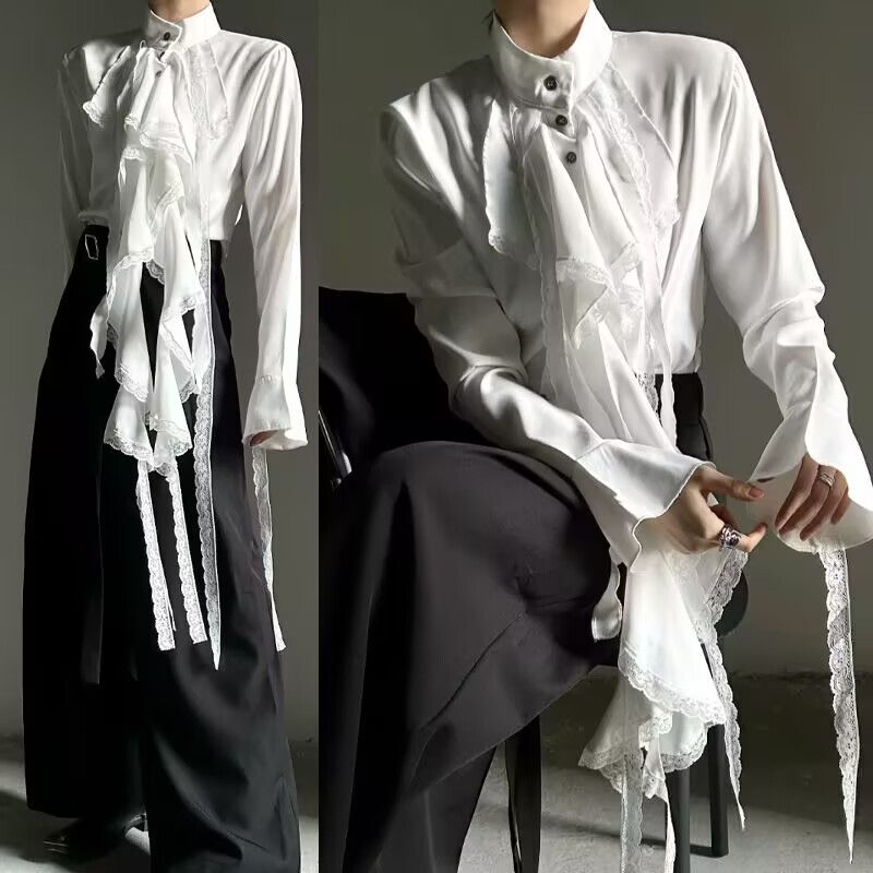 Lace-Trimmed French Court-Style Retro Stand-Up Collar Ruffled Long-Sleeved Shirt for Men with Dark Style Ribbon Design