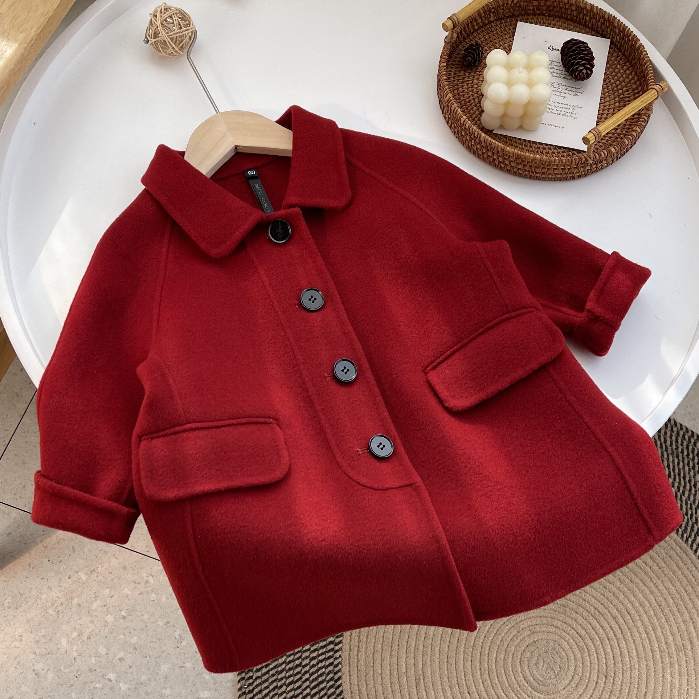 Sauce red bifacial cashmere big coat boy girl 2021 autumn winter new medium long version of fur coats