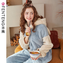 Fenten Autumn Winter Coral Fleece Pajamas Womens Thick Warm Cartoon Hood Winter Plus Size Arctic Fleece Homewear Set