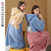 Fenten Autumn Winter Coral Velvet Nightgown Womens Long Hooded Pajamas Cartoon Brown Bear Thick Warm Arctic Velvet Bathrobe