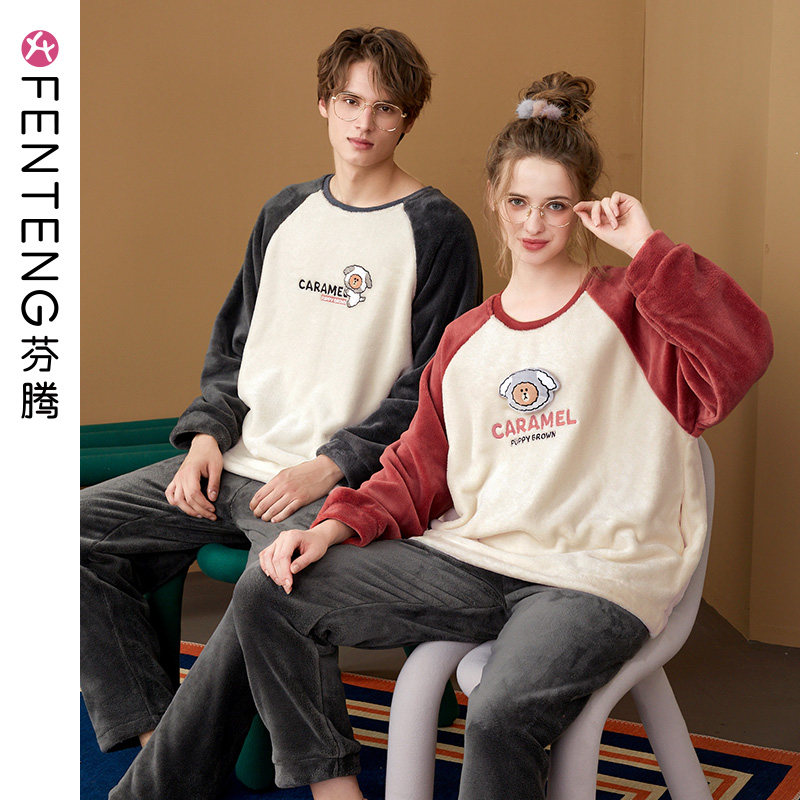 Fenten autumn winter couple pajamas coral velvet thick warm pullover men's and women's flannel winter home wear set