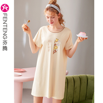 Fenteng summer nightgown womens short sleeves Modal cotton cartoon loose pajamas girl size housewear dress summer