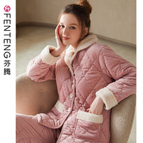 Fenteng autumn and winter pajamas women coral fleece cotton three-layer thickened plush warm cotton jacket plus size home wear set