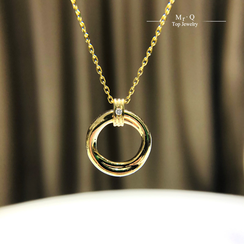 Japan 18K Gold Double Ring Real Diamond Pendant Trend Necklace Men and Women Wear Simple Clavicle Sweater Pendant AU7