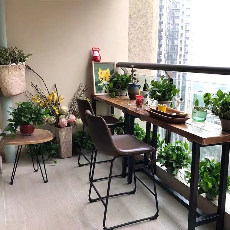 Nordic iron terrace solid wood bar table household with window anti-corrosion wood leisure against wall high table and chair sprinkled