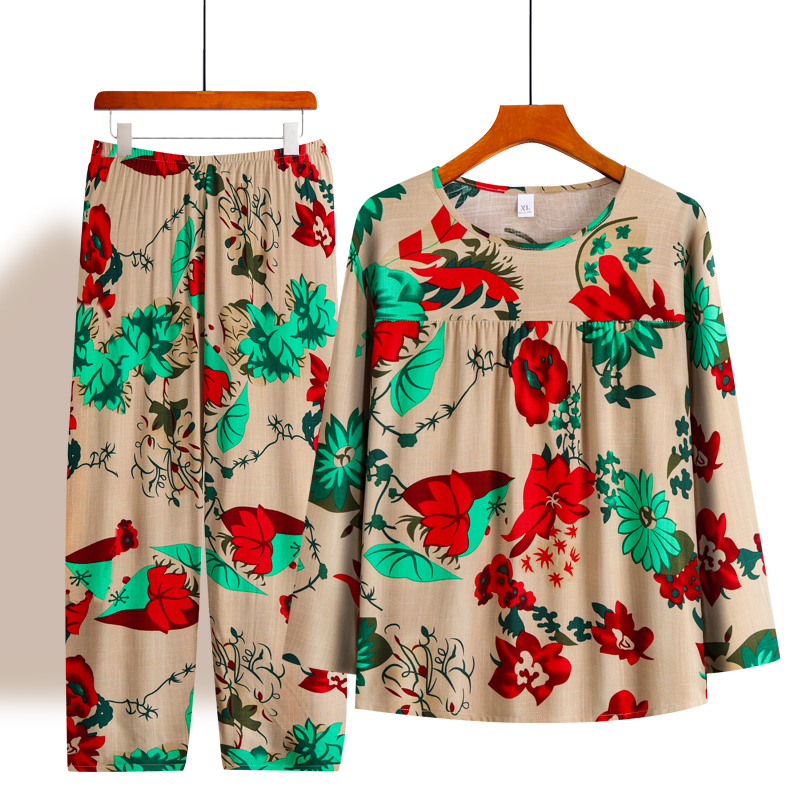 Mom's Stylish Spring and Summer Long-Sleeved Suit, Middle-Aged and Elderly Women's Spring Clothing, Pure Cotton Silk Home Clothes, Grandma's Two-Piece Set