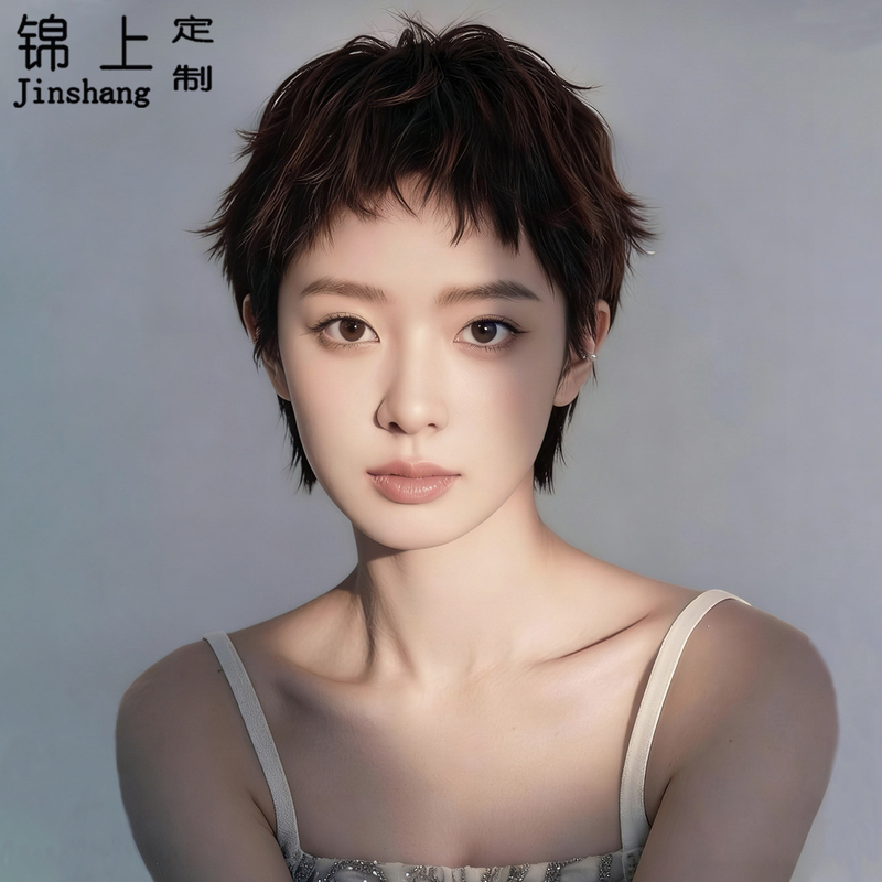 Short Hair Wig Full Head Cover for Women, Real Hair 2026 New Style, Lightweight and Breathable, Korean Style Dog-Eared Bangs Wig Set