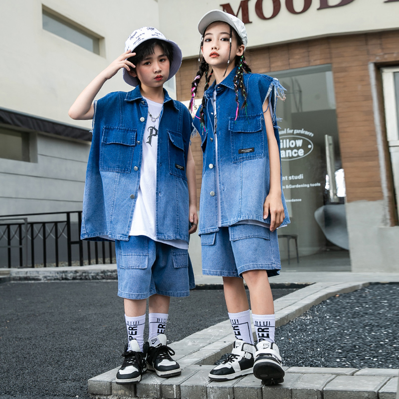 Boy Street Dance Tide Bottling Children Gradient Denim Horse Pinch Suit Girl Hip Hop Youngster Hiphop Play Out-Taobao
