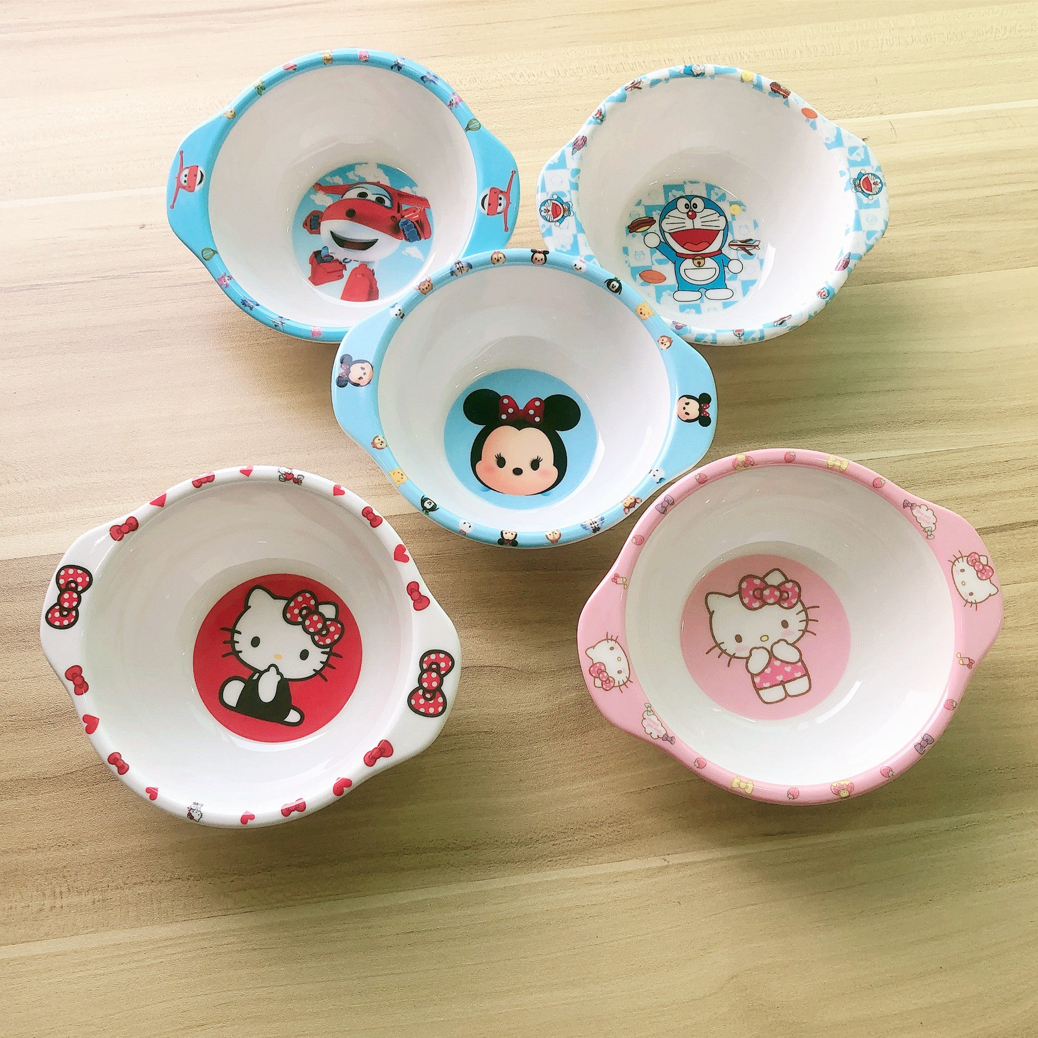 Baby double ear bowl cute cartoon melamine imitation porcelain baby kindergarten eating children sucker small bowl anti-fall tableware