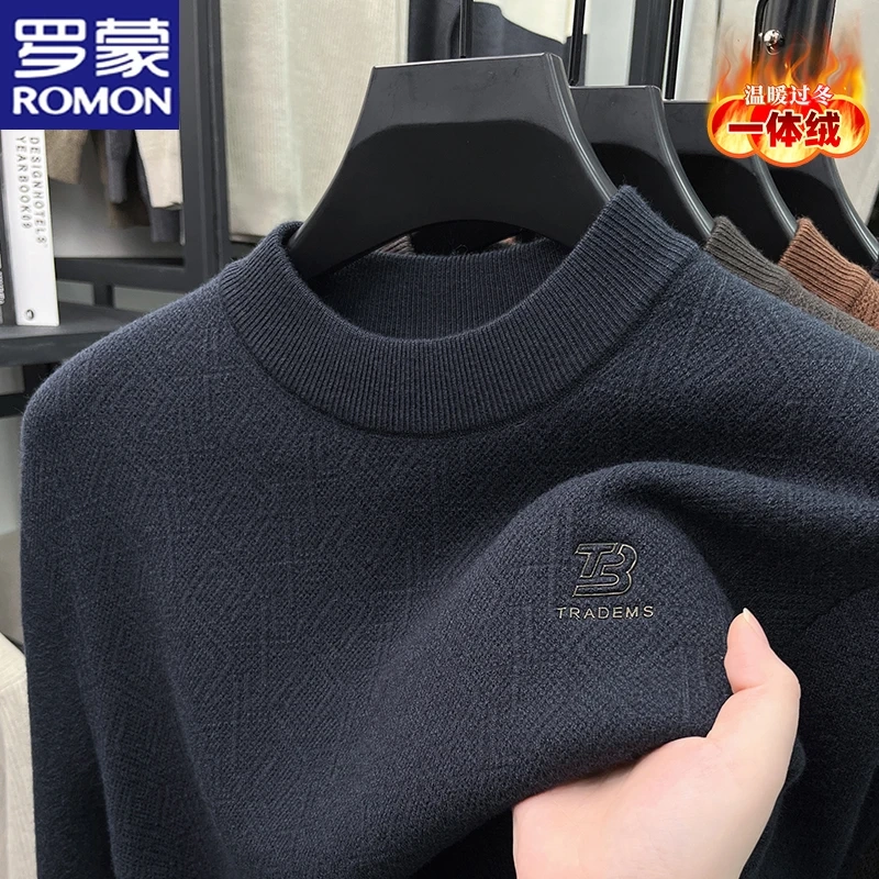 【One-Piece Fleece】Romon Autumn and Winter Men's Thickened Round-Neck Sweater, Casual Soft Base Layer Top for Men