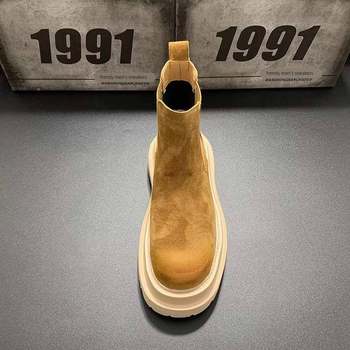 Vintage mid-top martin boots men's chelsea boots men's thick soles increase british style high-top suede leather winter plus velvet