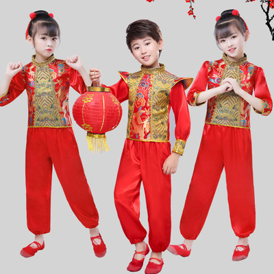 Chinese dragon drummer performance costumes for boy girls Children drum costume red Yangko costume martial arts performance costume waist drum costume Chinese red lantern performance Costume