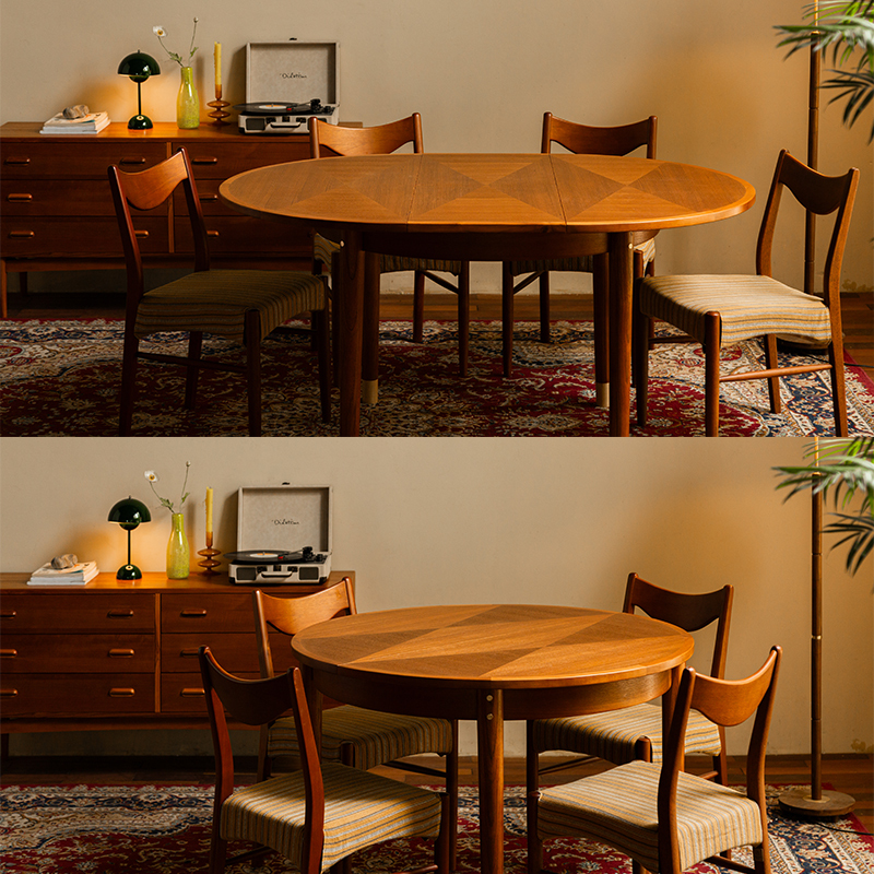Captain Sad's Solid Wood Extendable Dining Table, Small-Sized Household Dining Table, Vintage Retro Style Teak Round Dining Table