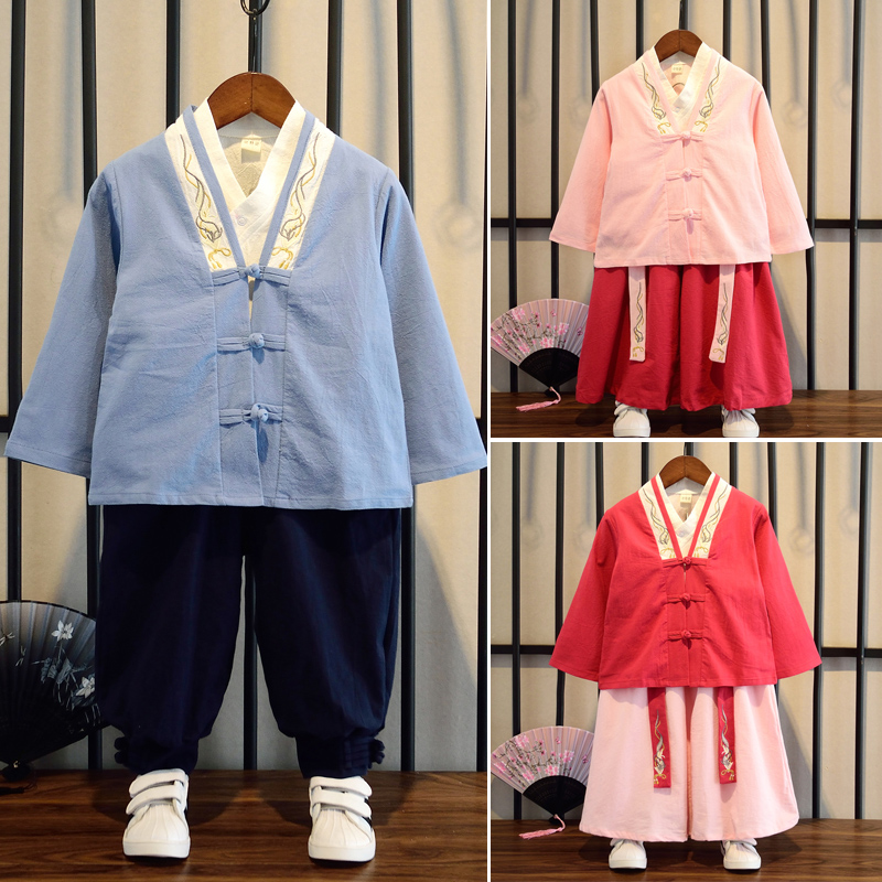 Boys spring new Hanfu suit 2-8 years old three-piece Tang suit small and medium-sized children Chinese style cotton and linen ancient costume