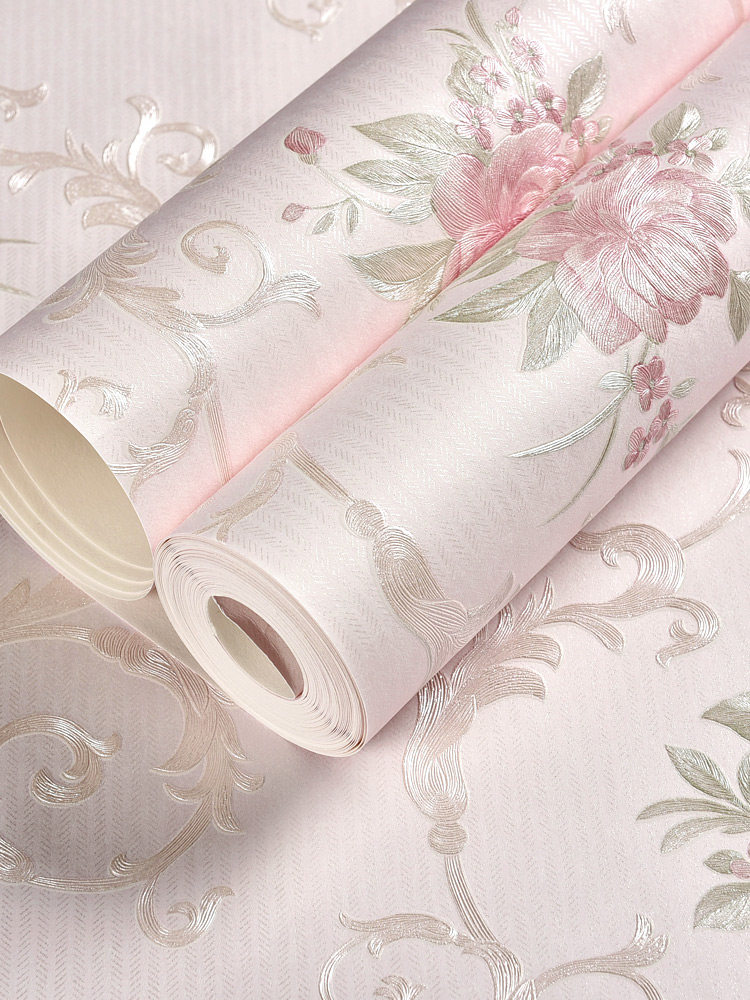 Warm pink bedroom non-woven wallpaper self-adhesive 3D three-dimensional pastoral wall sticker girl home sticker wallpaper
