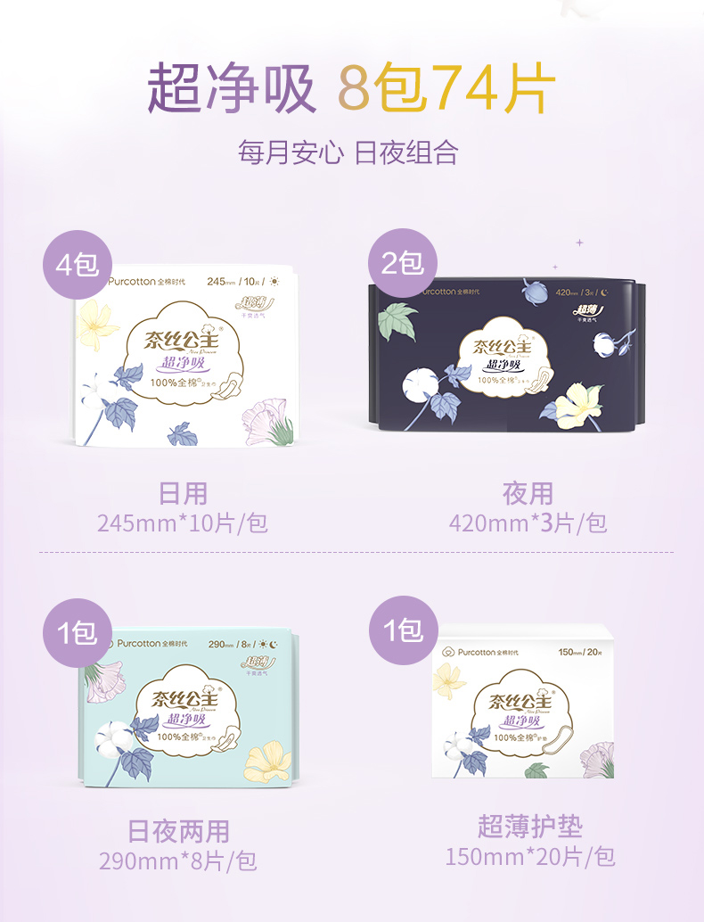 全棉时代 奈丝公主 100%全棉超净吸日夜用组合卫生巾 74片 图3