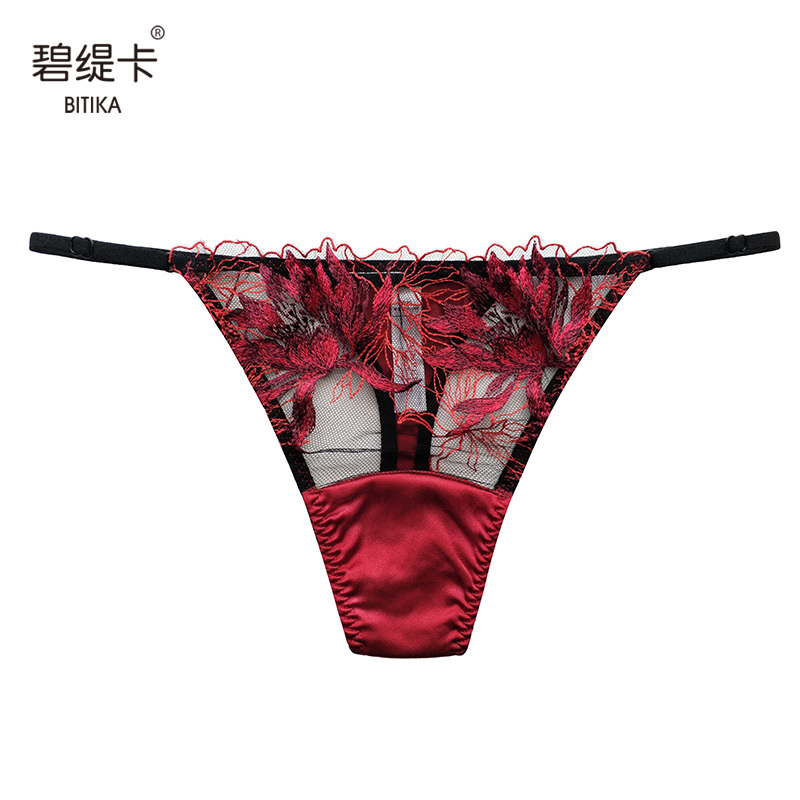 Wedding Semi-Sheer Lace Lingerie Panties for Women, Mulberry Silk Sexy Seamless Panties, Red Thong for Women
