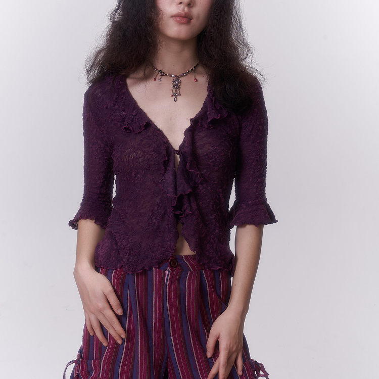 Chaosangel Spring and Summer Purple Soft Lace Rose Jacquard Elegant Mid-Sleeve Wavy Edge Cardigan Top