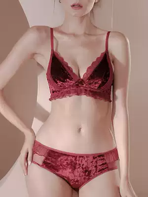 French velvet red underwear suit women's small breasts gather without steel ring bra
