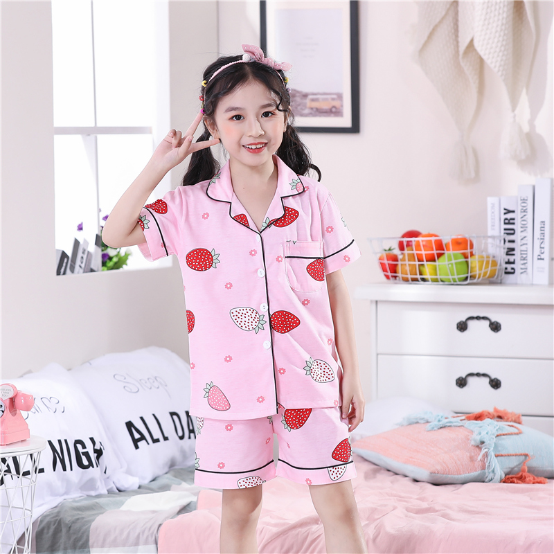 . Xuân Thu childrens tay áo ngắn trẻ em vừa đồ ngủ womens bông bộ bé trai quần áo nhà cô gái mùa hè mỏng