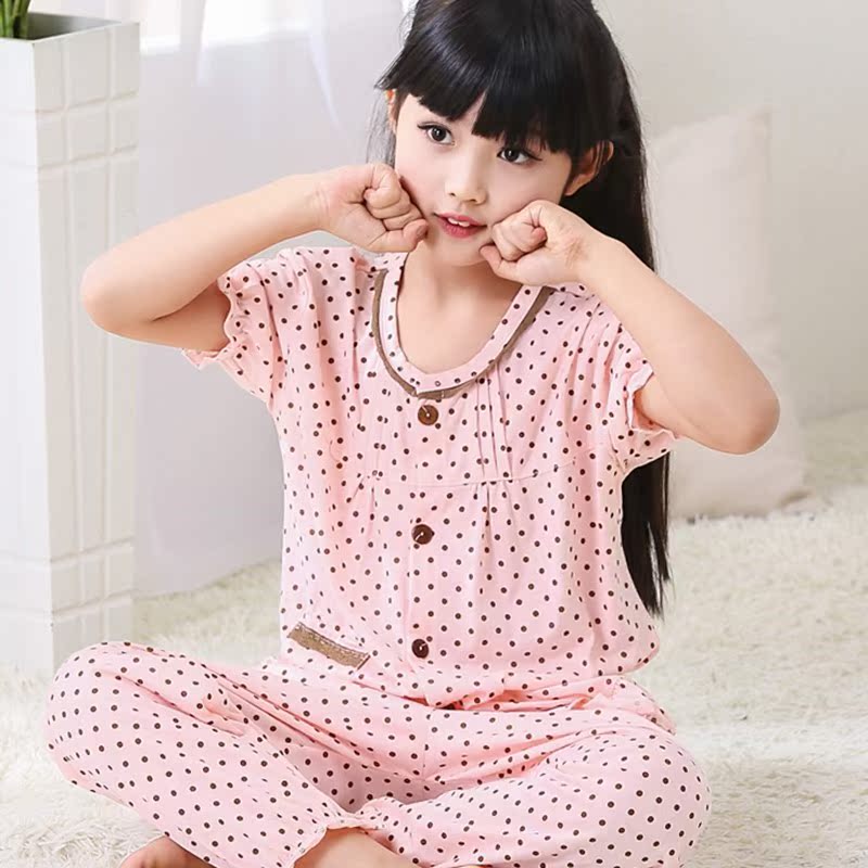 . Childrens pajamagirls mùa xuân và mùa hè bông ngắn tay quần áo đan len ve áo phù hợp với trẻ em gái ở trẻ em nhà lớn