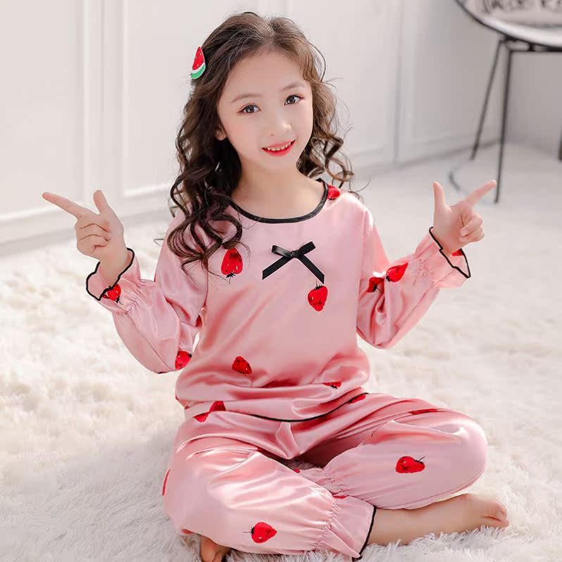 Cô gái quanh cổ áo lụa băng nhà quần áo. Thiết lập năm 2020 mùa xuân childrens quần dài tay Pyjama hai mảnh máy lạnh phù hợp