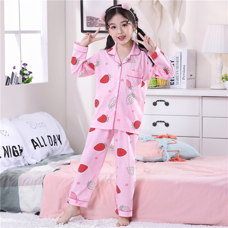 . Xuân Thu childrens tay áo ngắn trẻ em vừa đồ ngủ womens bông bộ bé trai quần áo nhà cô gái mùa hè mỏng