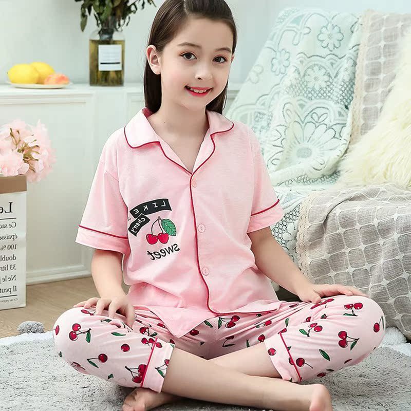 . Childrens pajamagirls mùa xuân và mùa hè bông ngắn tay quần áo đan len ve áo phù hợp với trẻ em gái ở trẻ em nhà lớn